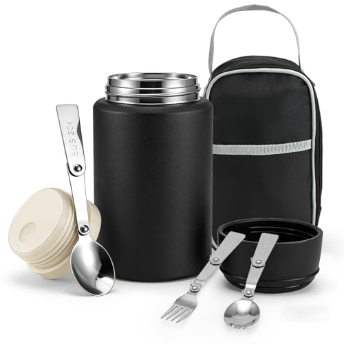 Juwacoo Food Flask with Foldable Fork and Spoon, 800ml (28oz) Stainless Steel Vacuum Insulated Food Container, Thermal Lunch Box Soup Container, Leakproof Hot Cold Soup Jar, Black