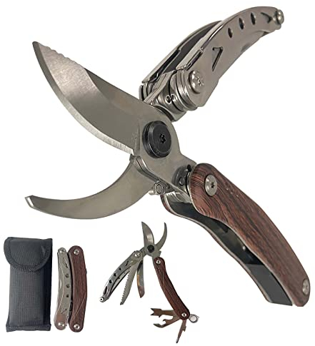 Gartenschere, Multifunktionale 7 in 1 Tragbare Schere mit Säge, Cutter, Rinde Schaufel, Edelstahl Bypass-Gartenschere mit abschließbaren Klingen für Draussen Camping, hiking, Reparieren