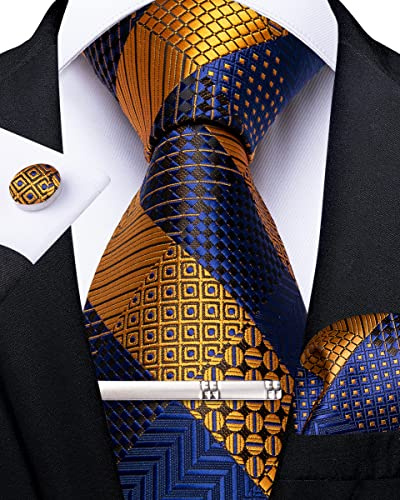 DiBanGu Herren Seidenkrawatten-Set, gestreift, kariert, Krawatte, Einstecktuch, Manschettenknöpfe und Krawattenklammer, Set für Business, Hochzeit, Party, Blau / Braun, Einheitsgröße