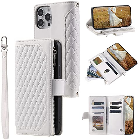 QLTYPRI Wallet Case for iPhone 12/12 Pro(6.1 inch),Luxury Quilted PU Leather Wallet Case with Card Slots for Women,Magnetic Zipper Purse Case with Wrist Strap Kickstand Shockproof Flip Cover-White