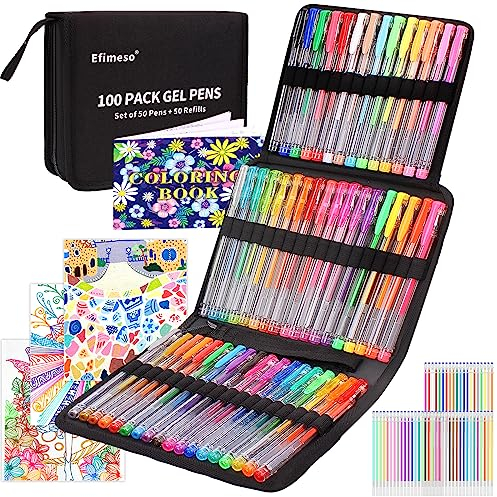 Efimeso 100 Pack Gelschreiber Gelstifte Set 50 Glitter Gel Stifte mit 50 Nachfüllungen in Reißverschlussetui für Erwachsene Malbücher und Kinder schreiben Zeichnung Doodling