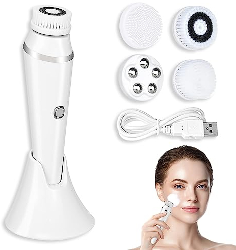 BNGXR Spazzola per la Pulizia del Viso 4-in-1, Impermeabile Spazzola Pulizia Viso Elettrica Ricaricabile USB Pulitore Elettrico dei pori L’esfoliazione Delicata per Ogni Tipo di Pelle (Bianco)