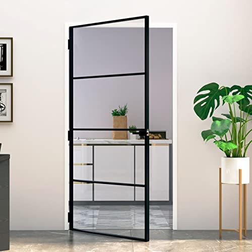 Homgoday Puerta interior negra 102 x 201,5 vidrio templado aluminio fino, puerta entrada, puerta entrada exterior para exteriores, jardín, terraza