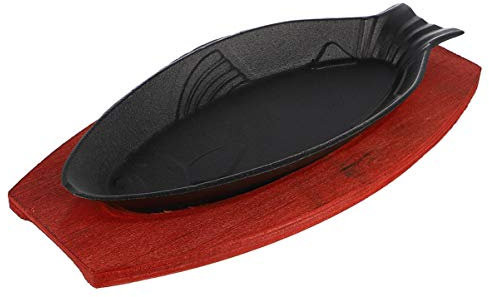 OSKOE Fish Shaped Grill Pan Pre Seasoned Cast Iron Skillet with Wooden Base Fish Cast Iron Grill and Serving Pan Fryer Portable BBQ Pan Plate Baking Tools,for Cooktop,Gas Stoves,BBQ etc