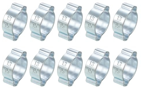 sourcing map 10Pcs Double Ear Hose Clamps, Adjustable 13-15mm(0.51x0.59) Iron Zinc Plated Two-Ear Hose Clamp, O Clip Hose Clamps Fuel Line Clamps Hose Clamp, Double Ear O Clips