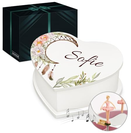 Maverton personalisierte Musikschmuckdose in Herzform mit Aufzieh-Spieluhr - Schmuckkästchen Ballerina Spieldose - Herz Schmuckkiste für Mädchen zur Taufe Erstkommunion - zu Weihnachten - Traumfänger