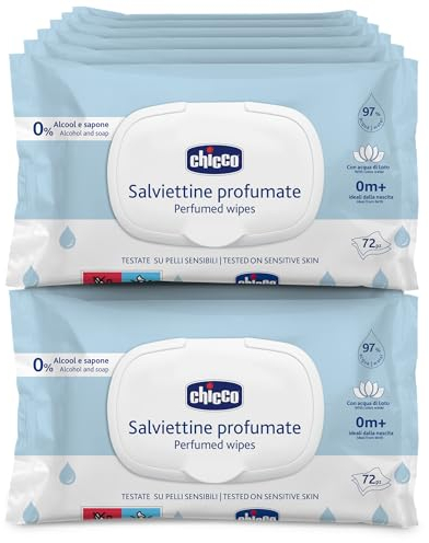 Chicco Salviette Neonato Detergenti Multiuso Con Clip, Senza Alcool, Profumate, Adatte per Pelli Sensibili, con flip 2024, Megapack da 864 Salviette, 12 Confezioni da 72 Salviettine