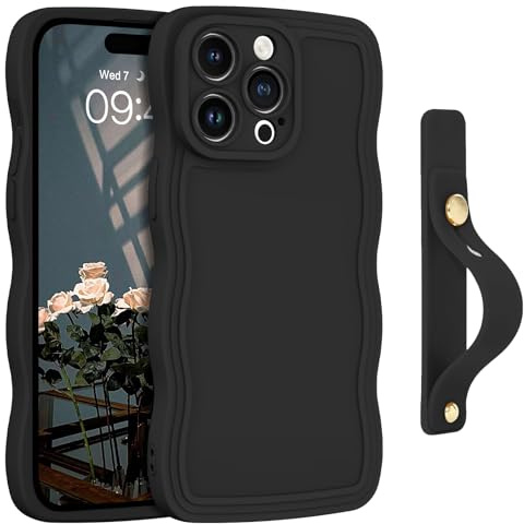 GUAGUA iPhone 15 Pro Case With Wrist Strap, Wavy Phone Design, Adjustable Wristband, Kickstand, Shockproof Protection for 6.1 Inch Model, Black