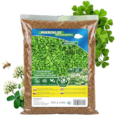 Mikroklee - Weißklee Trifolium repens 500g - Rasenklee bereichert den Rasen - Klee Samen zur Anlockung von Bienen -Saatgut für gleichmäßige, dichte Grasnarbe das ganze Jahr über