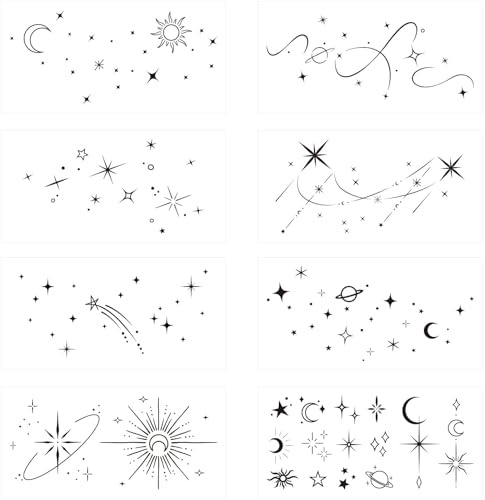 COLOFALLA 8 Blätter Temporäre Tattoos Erwachsene Mond Stern 2 Wochen Schriftzug Tattoos zum Aufkleben Fake Tattoos Klebetattoos Kleine Fake Tattoo Frau