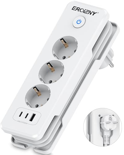 Steckdosenleiste mit 2 USB C (PD 20W) und 1 USB A, 3 Fach Mehrfachsteckdose mit Schalter Mehrfachstecker Steckerleiste Überspannungsschutz Einfach zu Lagern Reise Verteilersteckdose, 1,5M Kabel