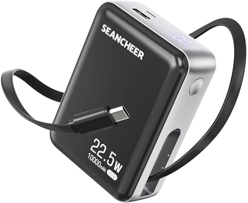 SEANCHEER Power Bank 10000mAh mit 72cm Einziehbarem USB-C Kabel, Mini Powerbank Schnellladefunktion PD 22,5W, USB-C EIN-/Ausgang, 3-Fach Ausgang Mini-Akku für iPhone 16/15 Serie, Samsung, Android.