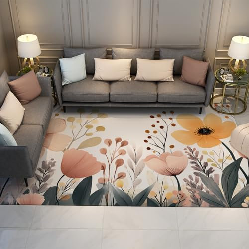 BYLEEHOMED Waschbarer Boho-Küchenteppich 60x120cm Niedlicher Blumenteppich rutschfeste Frühlingswildblumen Botanische Teppiche für den Eingang Niedriger Flor Weicher Innenteppich