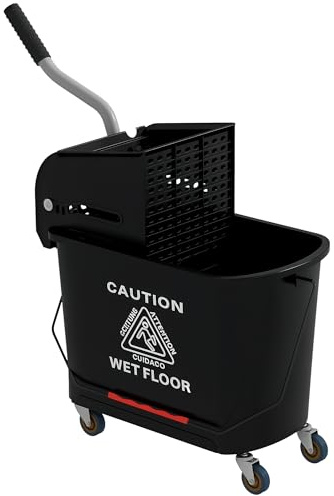 HOMCOM Carrello Pulizie Professionali da 20L 60x27x70.5 cm Nero | Secchio per Mocio, Carrello Lavapavimenti con Strizzatore, Pannello di Separazione, Maniglia, 4 Ruote in Plastica