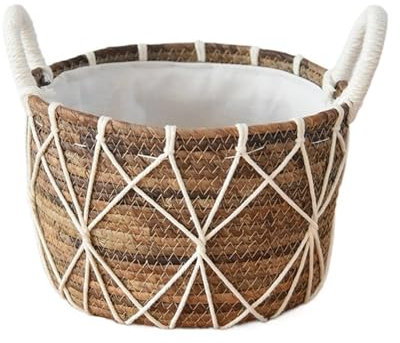 AHIOJEGX Cache Pot en Osier Panier de jardinière d'intérieur en jonc de mer avec Doublure, paniers en Osier tissé imperméable for Plantes, Pot de Fleur, décoration de Jardin de Maison 3 pièces(24CM)