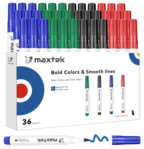 maxtek Whiteboard Pens, 36 Count Whiteboard Markers Pens Erasable, Bullet Tip 2-3mm, Black Blue Red Green 4 Assorted Colors, Office & Classroom Teaching Supplies