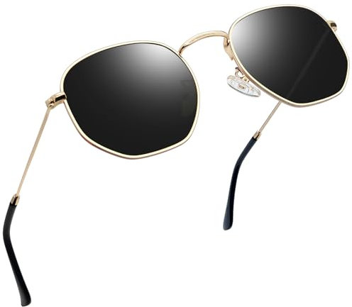 Joopin Cool Polygon Sonnenbrille Damen Schwarz Polarisierte Runde Brille Herren Stylische Hippie Hexagonal mit Ultraleichter Metallrahmen (Gold Schwaz)