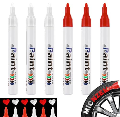Penriter 6 Stück Lackstift Auto Weiß und Rot, Reifenstift Wasserfest, Reifen Stift, Auto Reifenmarkierungsstift, Reifenmarker für Auto Motorrad Reifen Autoreifen Reifen Metall Holz steine Glas