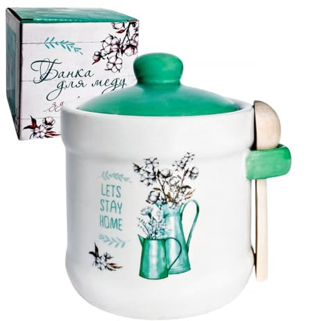 STP GOODS Ceramic Honey Jar with Lid and Wooden Spoon, Honey Containers for Storing Honey, Jar for Home Kitchen (Cotton)