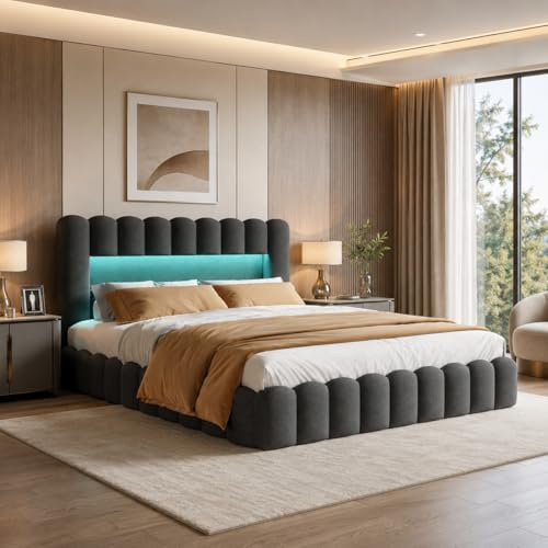 DAHUEN Polsterbett Bubble Bett 160x200, Doppelbett mit LED und USB Ladefunktion Kopfteil, Boxspringbett mit hydraulisches Bettkasten,Stauraumbett mit Lattenrost aus Holz, Leinen (Grau, 160x200cm)