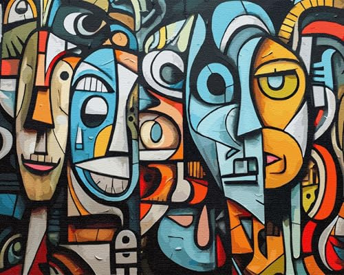 Artnapi Malen nach Zahlen Erwachsene mit Rahmen | DIY Handgemalt | Abstrakte Gesichter| Kit für Anfänger und Erwachsene | Set inklusive Acrylfarben & Pinsel | 40x50cm Leinwand | Ideal als Geschenk