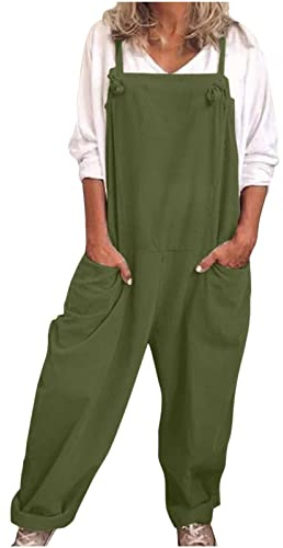 OVARA Ladies Overalls Casual Jumpsuits Women Adjustable Straps Linen Dungarees with Pockets Plain Loose Fit Sleeveless One Piece Romper Playsuits Size S-5XL