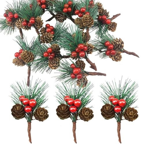 AONAT Lote de 20 Ramas de Abeto Artificial con Bayas Rojas y Piñas,Decoración de Navidad,Corona de Adviento,Guirnalda Festiva,DIY y Adornos para Árbol Navideño