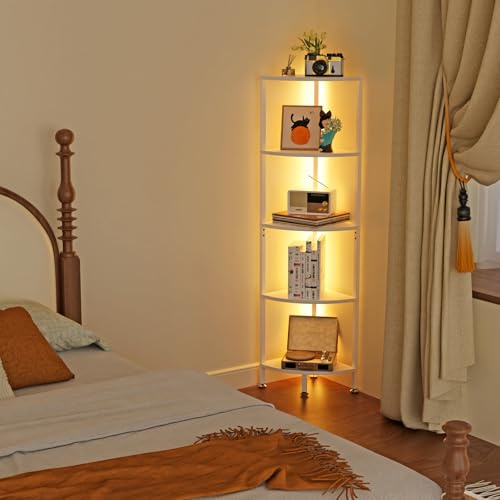 Libreria angolare a 5 ripiani a LED, con scala bianca, 140 cm, design moderno, per camera da letto e ufficio, mensola angolare salvaspazio con illuminazione