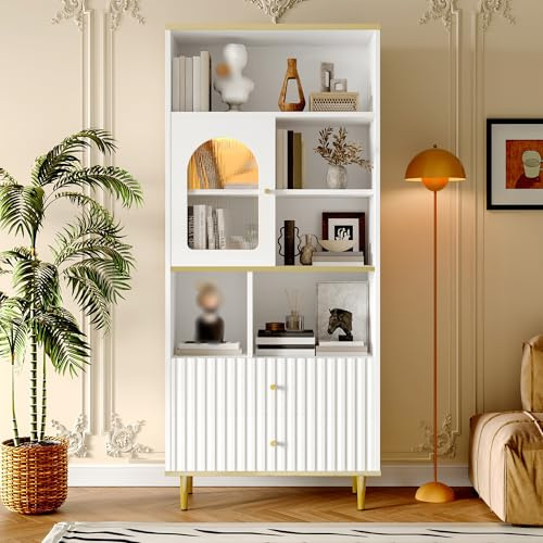 Bücherschrank mit Glastür und LED-Beleuchtung 78x36x180 cm, Bücherregal mit Schubladen und mehrschichtigen Ablagefächern, Mehrzweck vitrine,Aufbewahrungsschrank für Wohnzimmer, Arbeitszimmer, Büro (1)