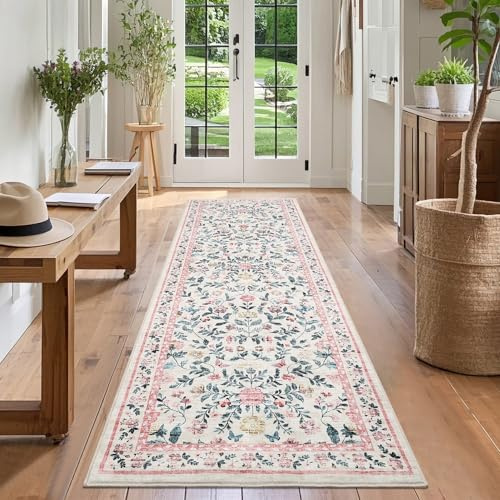 CAROMIO Floral Hallway Runner Rug 60x180 cm Washable Non-Slip Low Pile Pink | Flower Area Rug for Bedroom Kitchen Bedside Nursery, Vintage Farmhouse Carpet, Distressed Boho, Easy to Clean, Ultra Thin