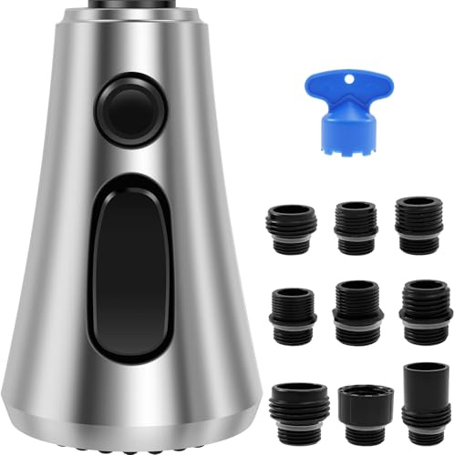 Kitchen Tap Spray Head Replacement Brushed Nickel 3 Function Pull Down Spray Head Replacement Heable Kitchen Faucet 4.09x2.24x0.98inch Pull Down Faucet Sink Spray Nozzle with 9 Adapters