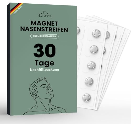 HARMONY® Nasenpflaster Magnet (30 TAGE) Magnetische Nasenstrips gegen Schnarchen, Besser schlafen mehr Luft, Starker Halt, Nose Strips Schnarchstopper hautverträglich schwarz (Nachfüllset 30 Tage)