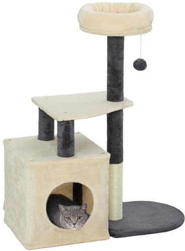 PawHut Albero Tiragraffi per Gatti Alto 92 cm, Torre per Gatti con Casetta, Lettino Superiore, Pali in Sisal e Pallina, per Gatto Adulto e Gattini, Bianco Crema
