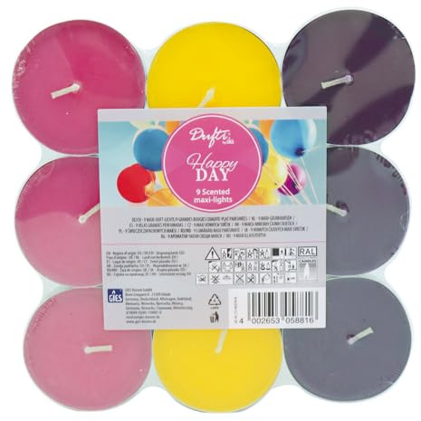 LED Universum - Juego de 9 velas aromáticas de té con aroma | Happy Days | Tiempo de combustión aprox. 8 horas | Decoración de mesa para bodas, Navidad, festivales, fiestas