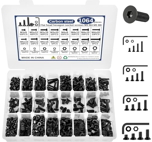 1064 Stück M3 M4 M5 M6 Schrauben Set, Zylinderschrauben mit Innensechskant Schrauben Set, Maschinenschrauben Schrauben Schwarz und Muttern Sortiment Set, Hochhartem Legiertem Stahl
