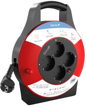 Garza - Enrollacables 10 m, 4 tomas con toma de tierra, doméstico interior, protección infantil, sobretensión y sobrecalentamiento, tambor eléctrico enrollable, rojo y negro, IP20, garantía 3 años