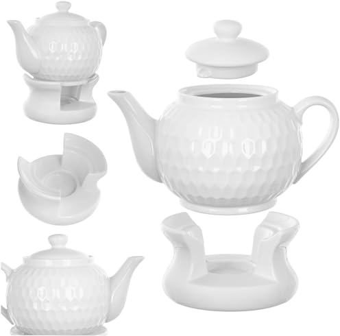 KADAX Juego de tetera de 900 ml con calientaplatos, tetera de porcelana con tapa, asa y olla de té, tetera con calentador de velas para té, juego de té (blanco II)