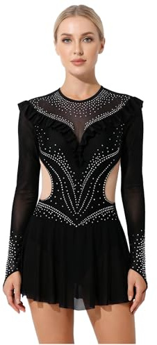 inhzoy Femme Robe Patinage Artistique Manches Longues Strass Brillants Femme Justaucorps Patinage Artistique De sur Glace Concert De Danse Noir S