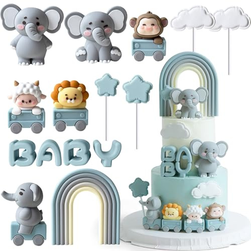 YushengTai Elefant Kuchen Topper für Baby Junge - Tortenfigur & Cake Topper Set für Babyparty & Geschlechts-Enthüllung - Niedliche Tortendeko in Blau für Geburtstag & Baby Shower