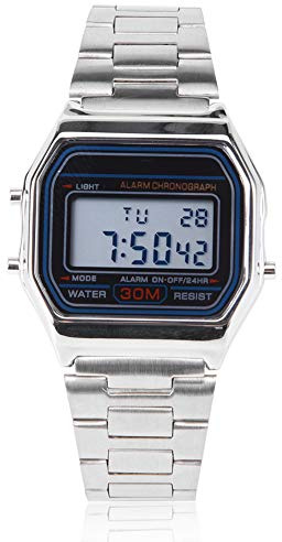 Reloj LED Digital, Correa de Acero Inoxidable, Reloj de Pulsera Rectangular con Luz Trasera, Pantalla de 12 24 Horas, Fecha, Semana, Alarma, Cronógrafo para Hombres y Mujeres (Silver)