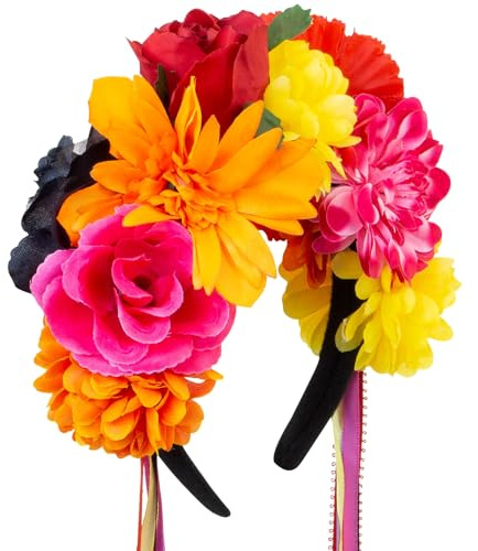 Tag der Toten Haarreif mit bunten Blumen & Bändern | La Catrina Blumenkrone für Damen & Mädchen | Sugar Skull Kopfschmuck für Halloween, Karneval & Mottoparty | Mexikanischer Haarschmuck