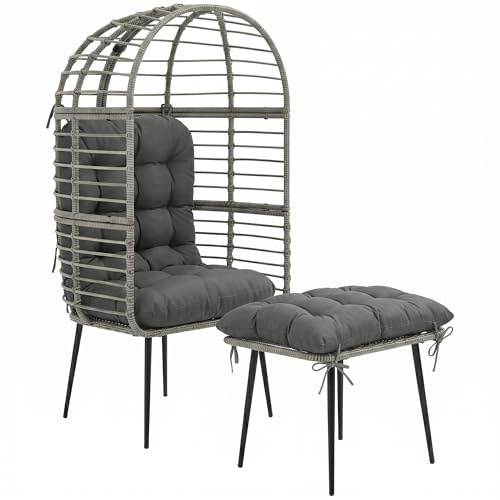 Outsunny Standing Garden Egg Chair with Footstool PE Rattan Light Grey | Outdoor Lounge Chair and Ottoman Set, Thick Cushions, Indoor Outdoor Egg Basket Seating, Patio Balcony Porch