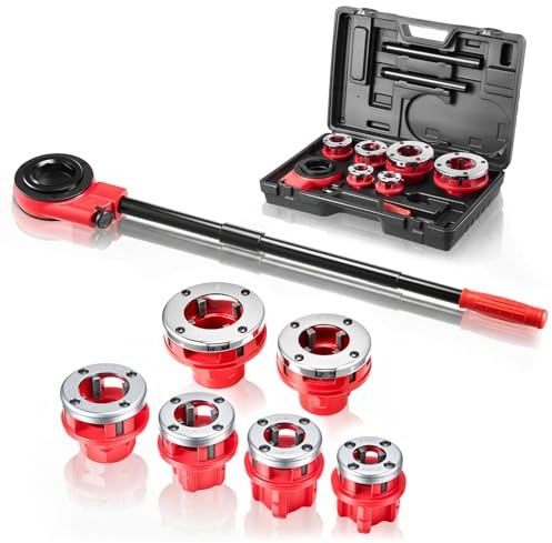 VEVOR Kit de Roscado de Tuberías con Trinquete, Roscadora Manual para Tubos con Trinquete, Juego de Terrajas con 6 Medidas BSPT de 1/2 a 2 NPT, Mango y Maletín Portátil para Reparación y Instalación