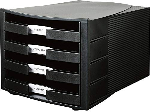 HAN Schubladenbox IMPULS in Schwarz / Stapelbare Sortierablage mit 4 großen, offenen Schubladen für DIN A4/C4 / inkl. Beschriftungsschilder
