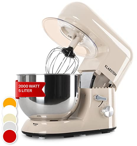 Klarstein 5L Food Mixer - 1800W Cake & Bread Maker with 6 Speed Planetary Rotation, Beater, Dough Hook, Whisk & Bowl