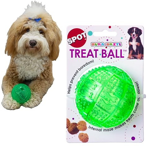 SPOT Dura-Brite Treat Ball - Treat Dispensing Dog Toy Made with Durable TPR Rubber, Interactive Slow Feeder Puzzle Ball, Prevents Boredom and Makes Mealtime Fun - 3in, Assorted Colors
