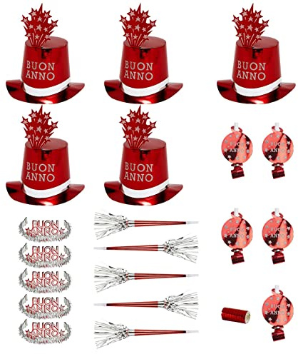 W WIDMANN MILANO Party Fashion - Party-Set Buon Anno, Rot, Set aus 5 Partyhüten, 5 Kronen, 5 Partytrompeten, 5 Tröten und 1 Pack Luftschlangen