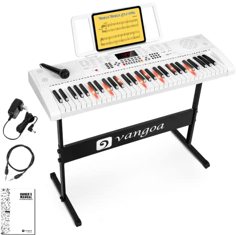 Vangoa Elektronische Klaviertastatur 61 Leuchttasten Tragbare Anfänger Musik-Tastatur Klavier mit Ständer, Notenständer, Mikrofon, 600 Klangfarben, 400 Rhythmen, 30 Demos, Weiß