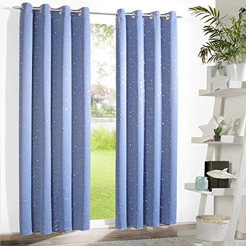 heimtexland ® Verdunklungsvorhang Dekoschal Blickdicht Kinder Gardine Sterne Silber Hellblau Ösenschal HxB 225x135 Typ639