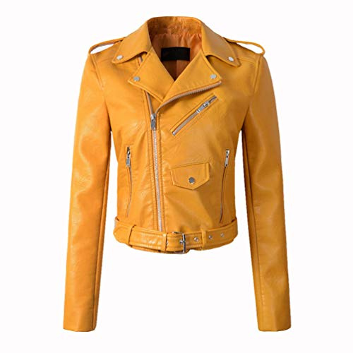 LucaSng Chaqueta de Cuero PU para Mujer, Mujer Invierno Retro Cremallera Bombardero Chaquetas Corta Deportiva Cuero PU Biker Cazadoras Imitacion Piel Moto Abrigos (Amarillo, S)